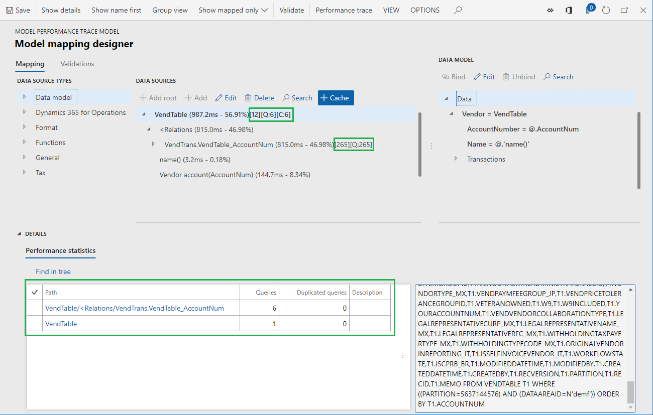 Nachverfolgungsinformationen für die VendTable-Datenquelle auf der Seite Modellzuordnungsdesigner in RCS.