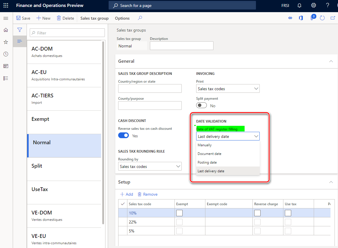 Date of VAT register filling parameter on the Sales tax groups page.