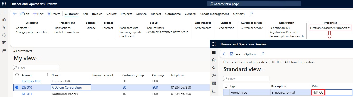 Screenshot that shows PEPPOL entered in the Value column on the Electronic document properties page.