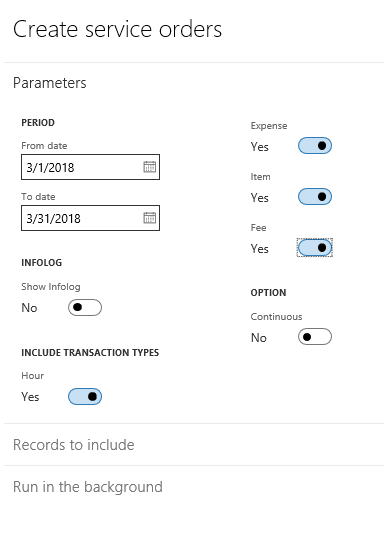 Create service orders dialog box.