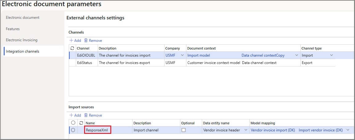 Screenshot that shows Vendor invoice import (DK) referenced in the Model mapping field.