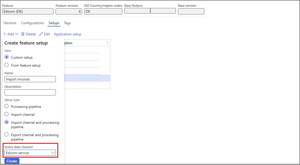 Screenshot, der die Funktion „Rechnungen importieren abrufen“ des zu erstellenden Importkanals und Verarbeitungspipelinetyps zeigt.