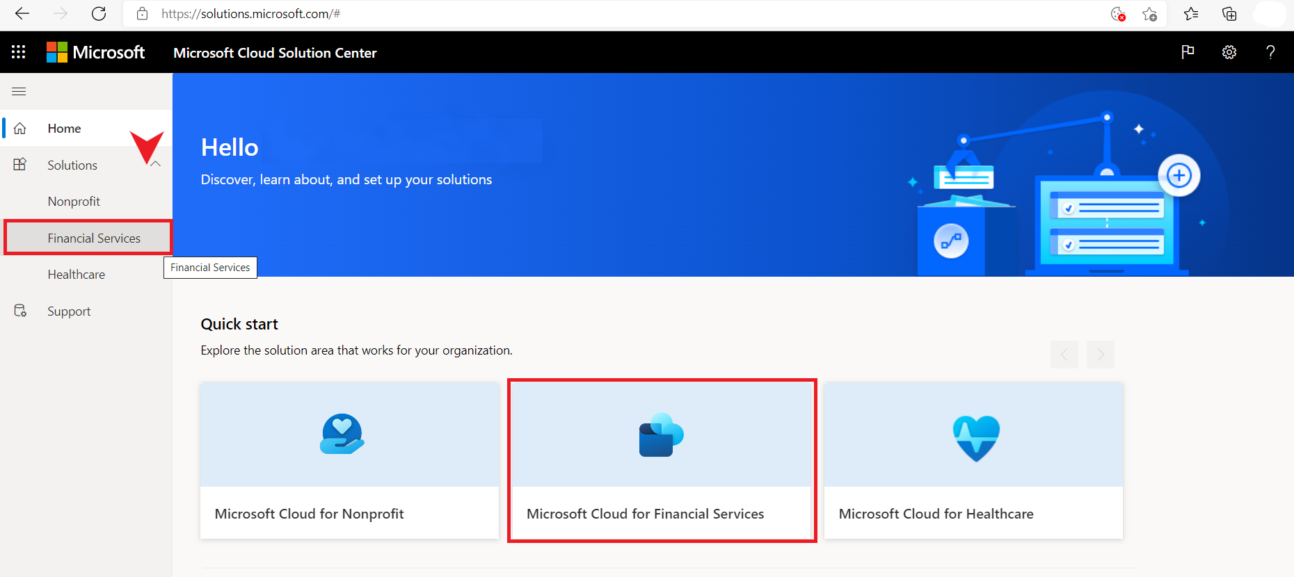 Wählen Sie auf der Startseite des Lösungscenters die Option Financial Services aus.