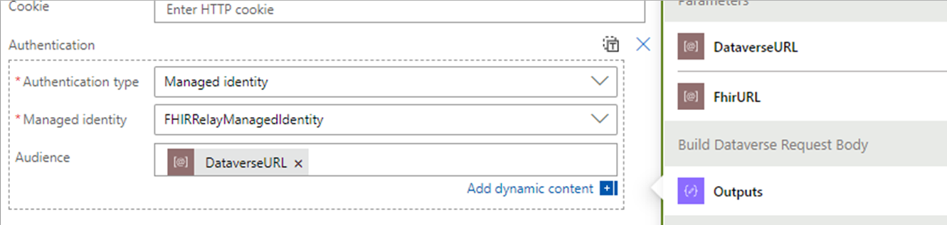 Ein Screenshot mit dem Parameter für die Authentifizierung der verwalteten Identität für den Aufruf der Dataverse API-Aktion.