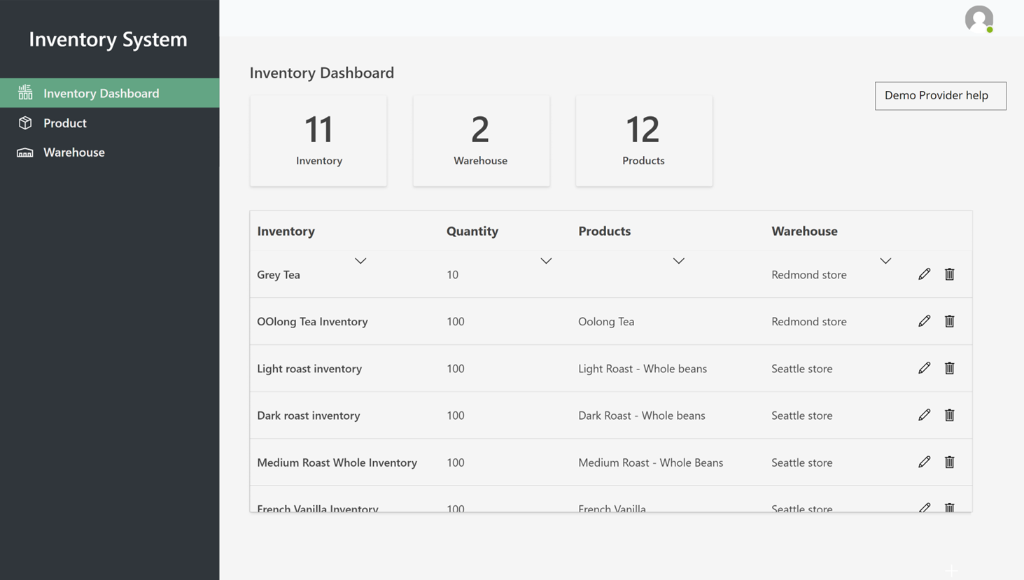 Bestandsdashboard-Seite in der Demo-Bestands-App.