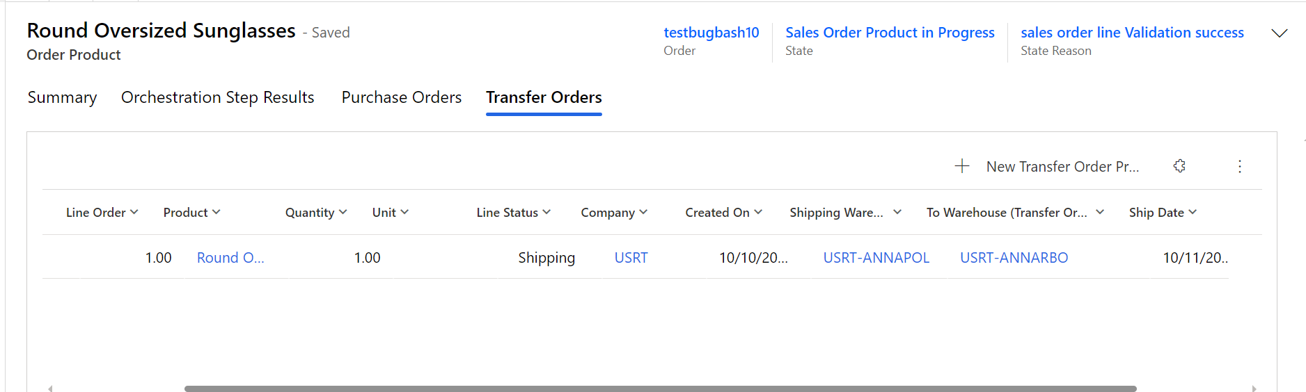 Transfer order view.