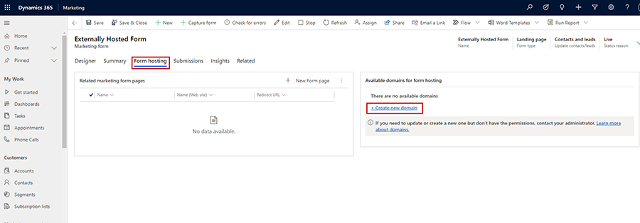 Registerkarte „Formularhosting“ Registerkarte „Formularhosting“.