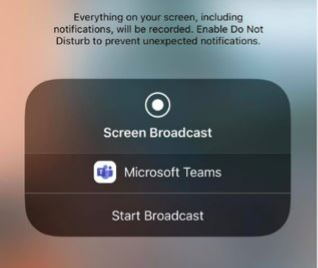 Screenshot des Fensters „Übertragung starten“ in der mobilen Teams-App.