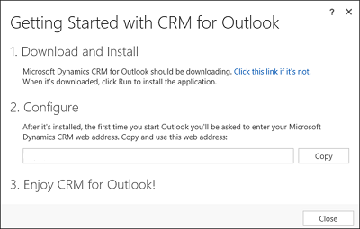 Dialogfenster „Erste Schritte mit Dynamics 365 for Outlook“.