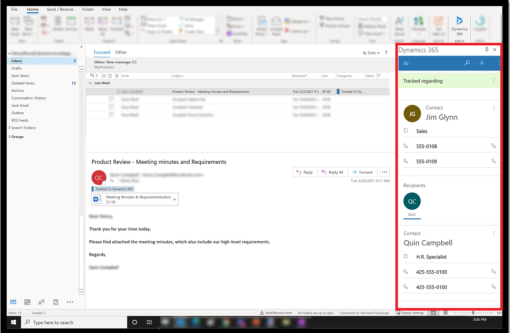 Dynamcis 365 App for Outlook-Bereich.