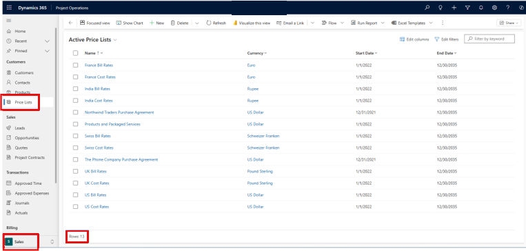 Screenshot der Ansicht Active Price Lists in Project Operations, der 13 Zeilen mit Spalten Name, Währung, Startdatum und Enddatum zeigt.