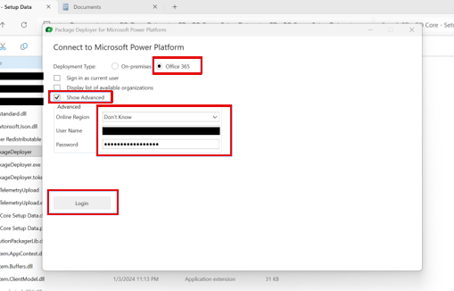 Screenshot des Fensters „Mit Microsoft Power Platform verbinden“ mit ausgewähltem Microsoft 365, aktiviertem „Erweitert anzeigen“, eingegebenen Anmeldeinformationen und hervorgehobenem „Anmelden“.