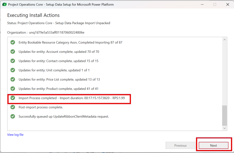 Screenshot des Bildschirms „Installationsaktionen werden ausgeführt“ bei abgeschlossenem Importvorgang und hervorgehobener Schaltfläche „Weiter“.