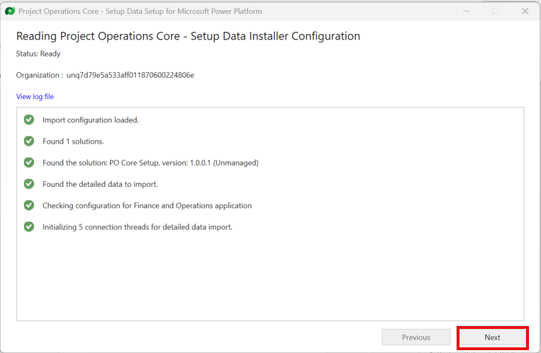 Screenshot des Installationskonfigurations-Validierungsbildschirms mit Import-, Lösungs- und Verbindungsthread-Nachrichten.