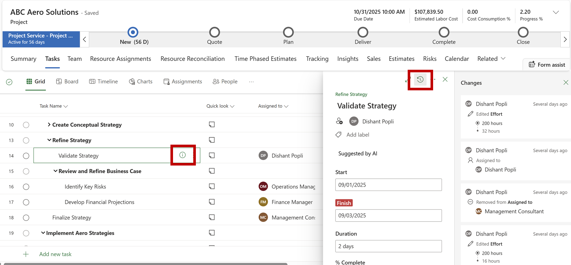 Screenshot des Vorgangsverlaufs mit Änderungsdetails, einschließlich der Personen, die die Änderung vorgenommen haben, dem Zeitpunkt der Änderung und den Eigenschaftswerten.