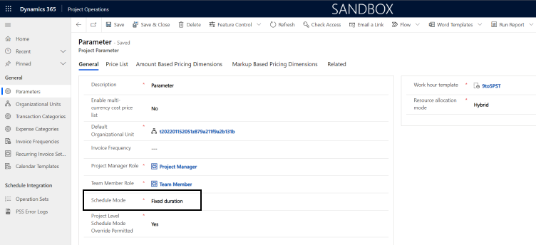 Projektparametereinstellungen für den Zeitplanmodus.