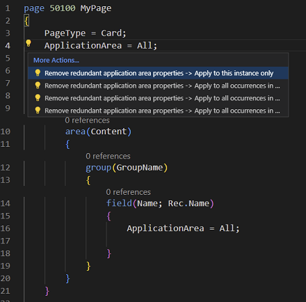 Codeaktion zum Entfernen redundanter ApplicationArea-Eigenschaften aus Feldern