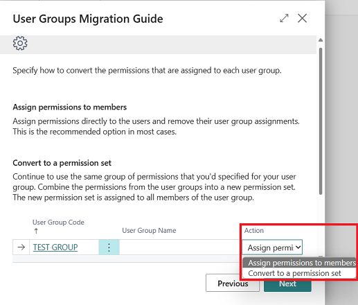Zeigt die Seite „Anleitung für Benutzergruppenmigration“ an, auf der die Konvertierungsmethode ausgewählt wird.