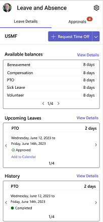 Anzeige des verfügbaren Urlaubssaldos über die Registerkarte mit den Urlaubsdetails in der mobilen Microsoft Teams-App