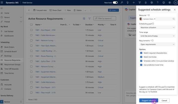 Screenshot der Optionen, die Einsatzplanenden zur Optimierung eines Zeitplans angezeigt werden