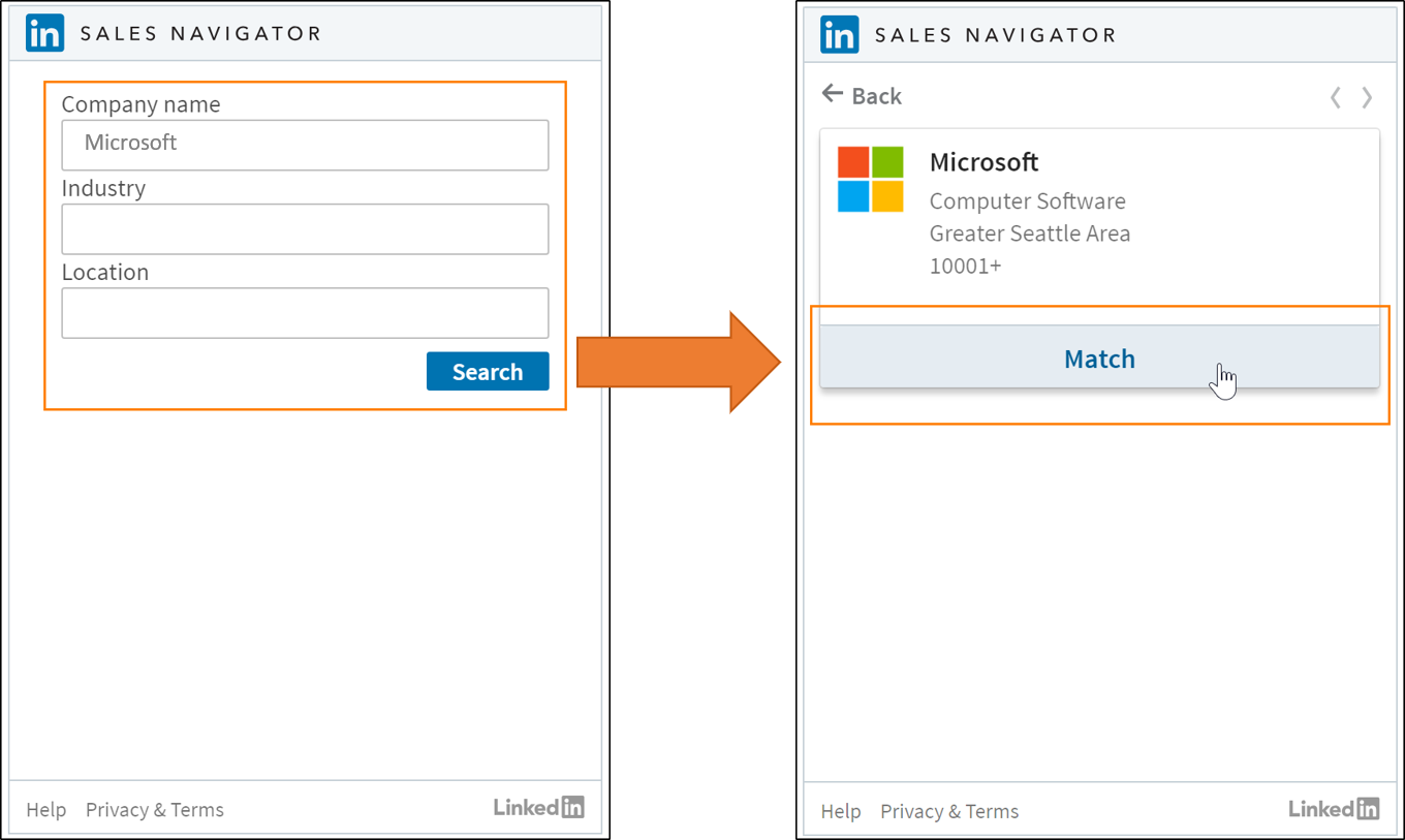Screenshot der Suche nach einem Unternehmen und übereinstimmend mit einem Konto.
