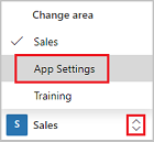 Screenshot der Siteübersicht der Sales-App mit hervorgehobenem Symbol „Bereich ändern“ und hervorgehobenen App-Einstellungen.