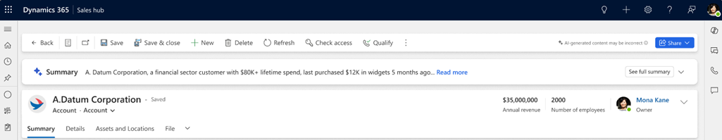 Screenshot des Copilot-Kontozusammenfassungsbanners in Dynamics 365 Sales.