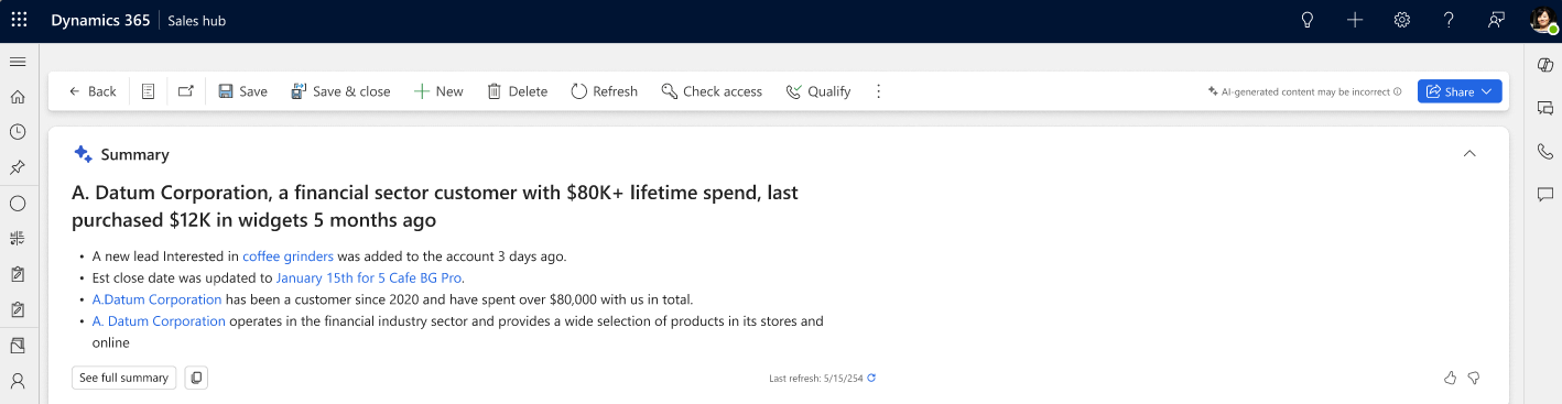 Screenshot der erweiterten Copilot-Kontozusammenfassung in Dynamics 365 Sales.