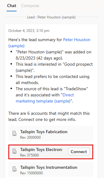 Screenshot einer Lead-Karte im Copilot-Chat, wobei ein passendes Konto hervorgehoben ist.