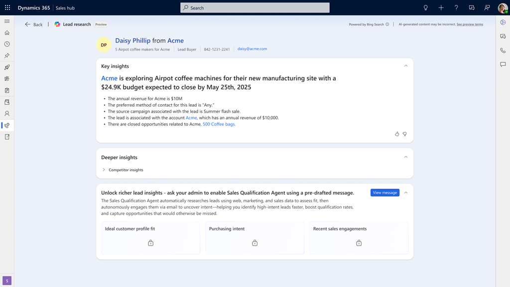 Screenshot der Copilot Lead Insights-Seite in Dynamics 365 Sales.
