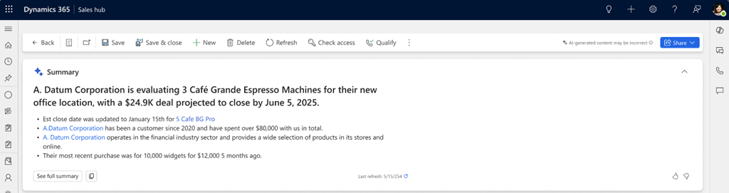 Screenshot der erweiterten Ansicht der Copilot-Verkaufschancen-Zusammenfassung in Dynamics 365 Sales.