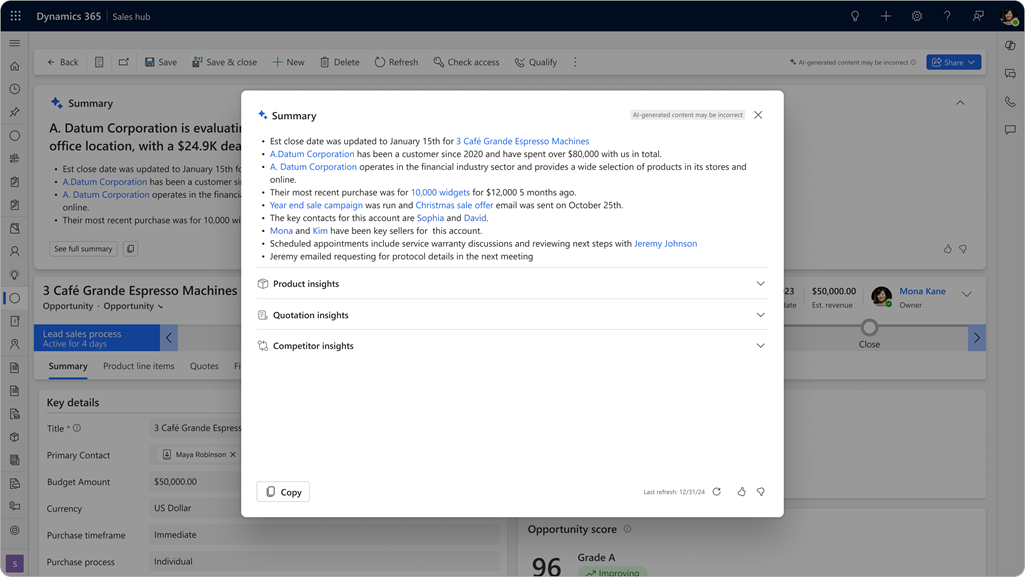 Screenshot der erweiterten Ansicht der Copilot Verkaufschancen-Zusammenfassung im Popupfenster in Dynamics 365 Sales.