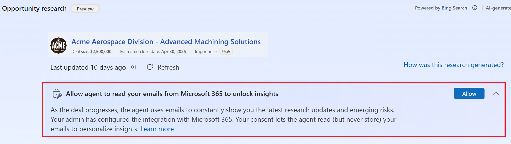 Screenshot der Zustimmungsaufforderung für Microsoft 365-Dienste auf der Seite zur Chancenanalyse für Verkäufer.