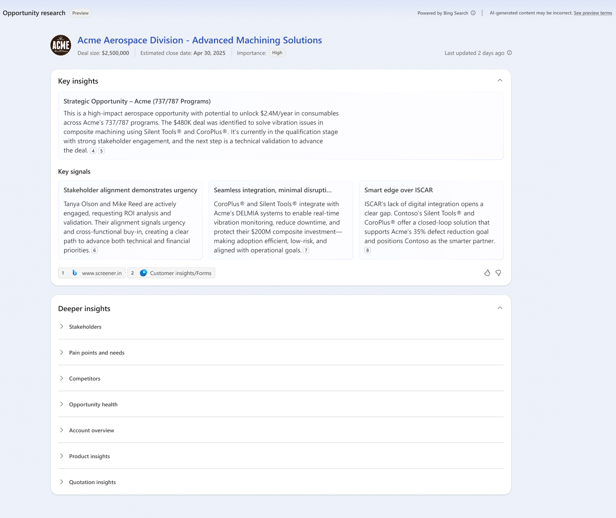 Screenshot der Seite Verkaufschance mit Analyseerkenntnissen, wenn keine Risiken vorliegen.