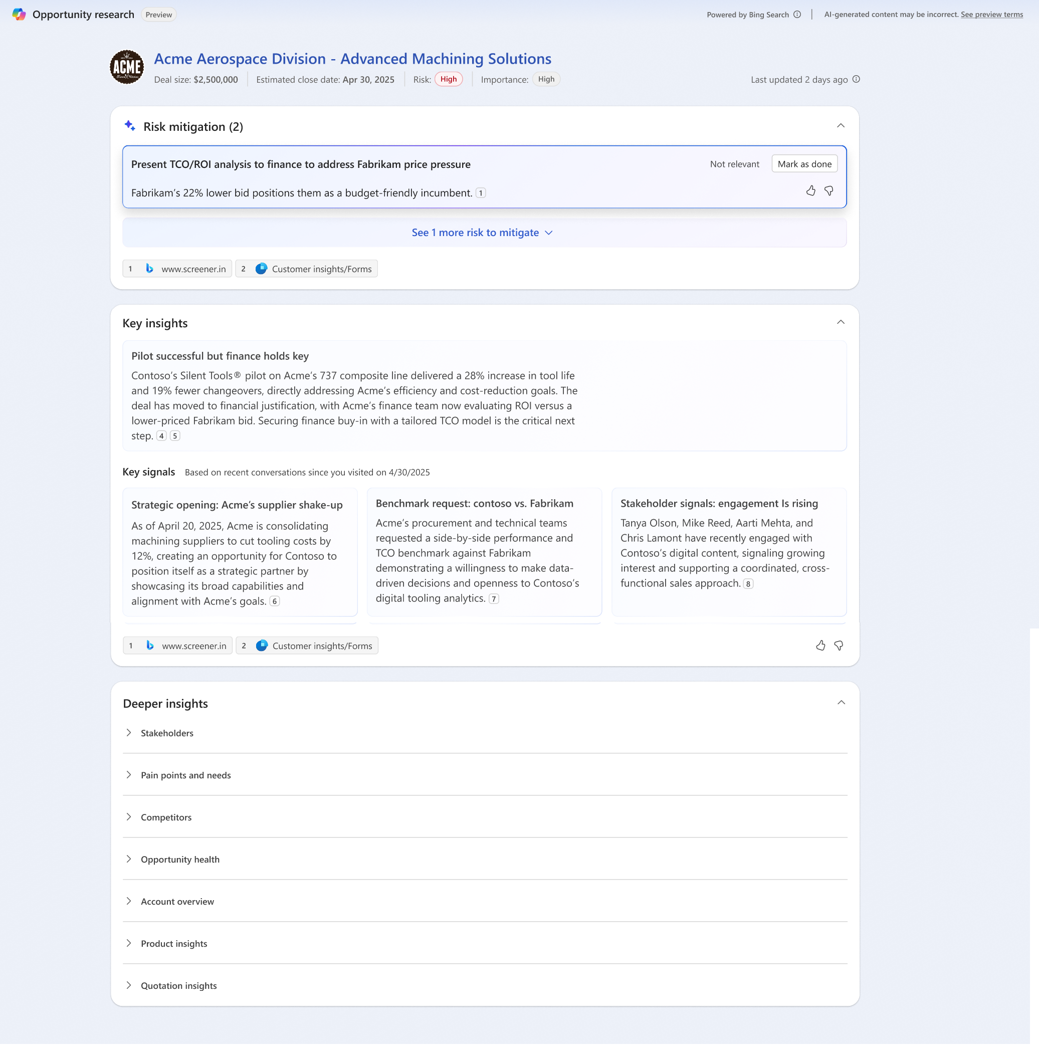 Screenshot der Seite Verkaufschance mit Analyseerkenntnissen, wenn keine Risiken vorliegen.