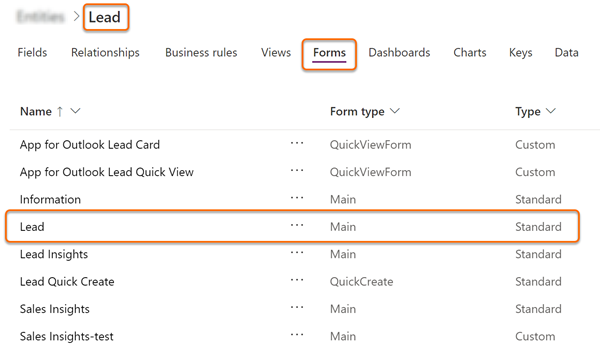 Wählen Sie das Hauptformular Lead auf der Registerkarte Formulare aus