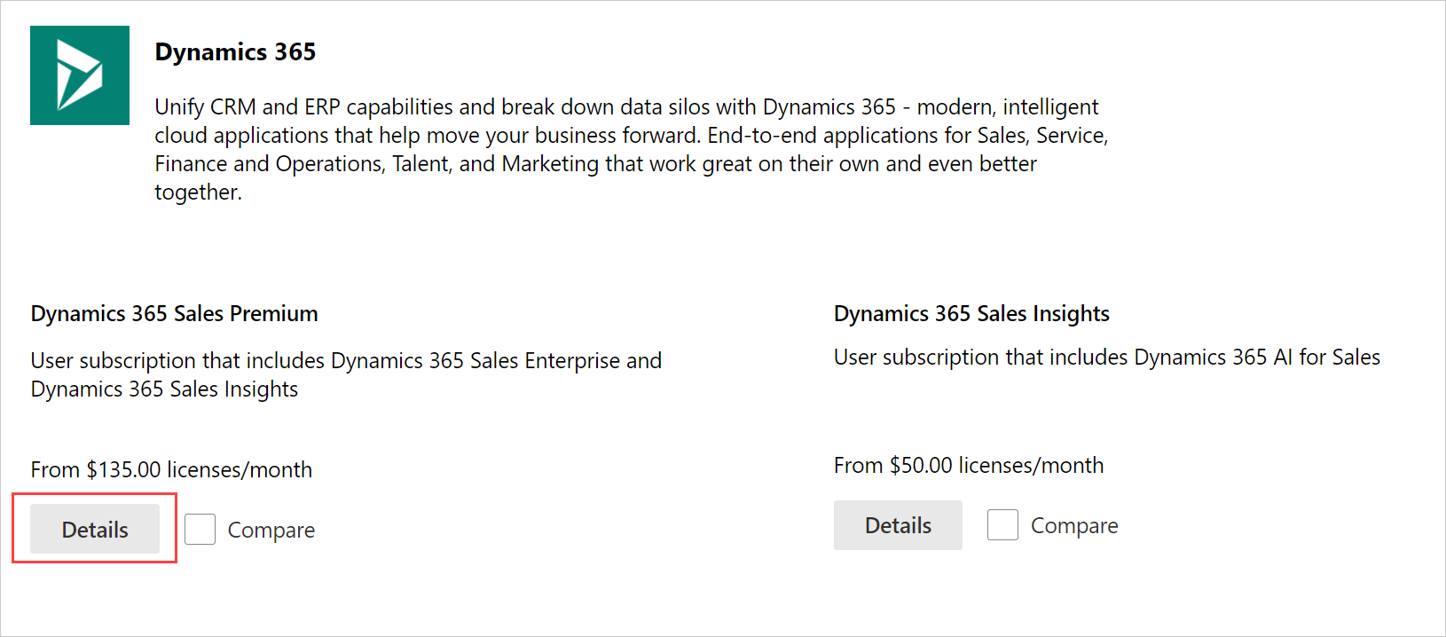 Screenshot der Dynamics 365 Sales Premium-Lizenzseite mit hervorgehobenen Schaltflächen-Details.