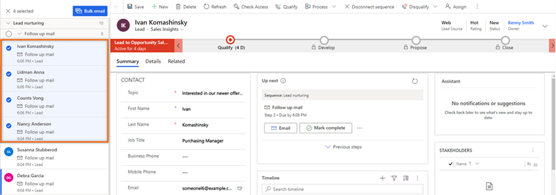 Screenshot des Leads-Datensatze ausgewählt, an die Massen-E-Mails gesendet werden.