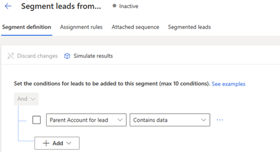 Screenshot, der eine Zeile zeigt, die für das übergeordnete Konto für den Lead hinzugefügt wurde.