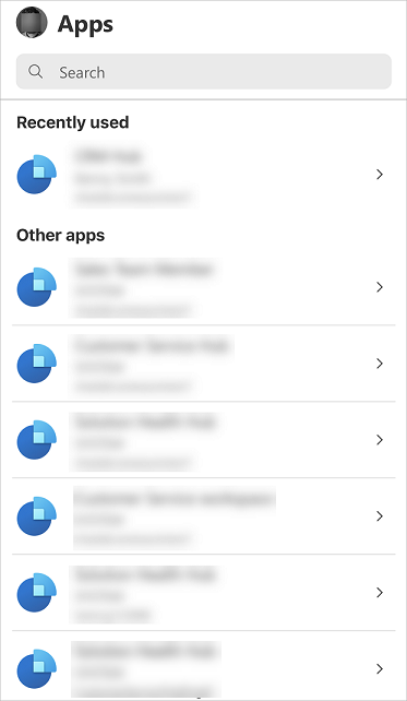 Screenshot der Auswahl einer App aus der Liste in der mobilen Dynamics 365 Sales-App.