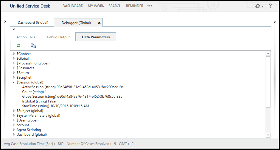 Unified Service Desk - Debugging-Datenparameter Registerkarte.