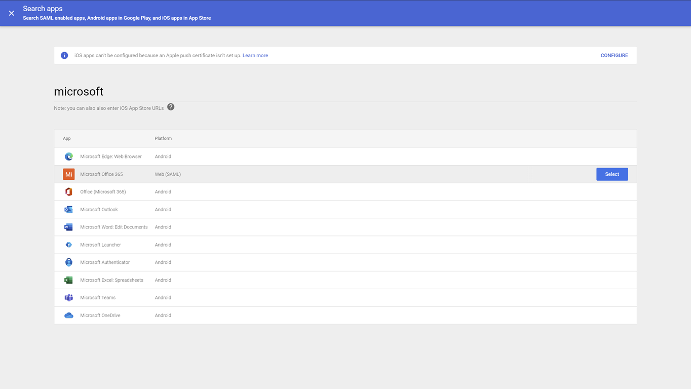 Screenshot auswählen mit Google Workspace und der Suchschaltfläche für Microsoft Office 365 SAML-App aus.