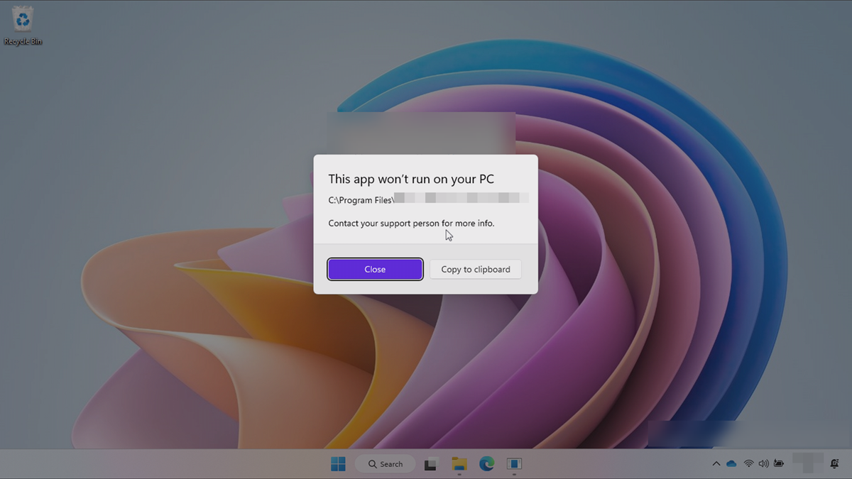 Screenshot: Windows SE - Fehlerfenster beim Öffnen einer App.