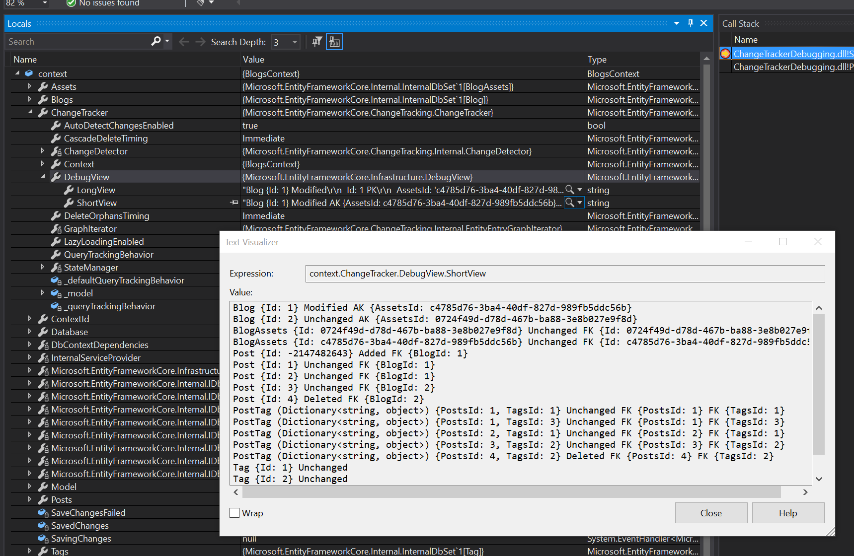 Accessing the change tracker debug view from the Visual Studio debugger