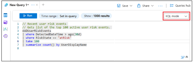 Screenshot der KQL-Modusoption im Dropdownmenü.