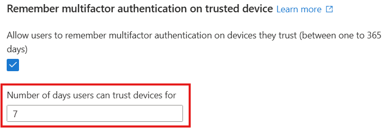 Bildschirmfoto der Eigenschaft „rememberDevicesDurationInDays“ unter „StrongAuthenticationDetails“.