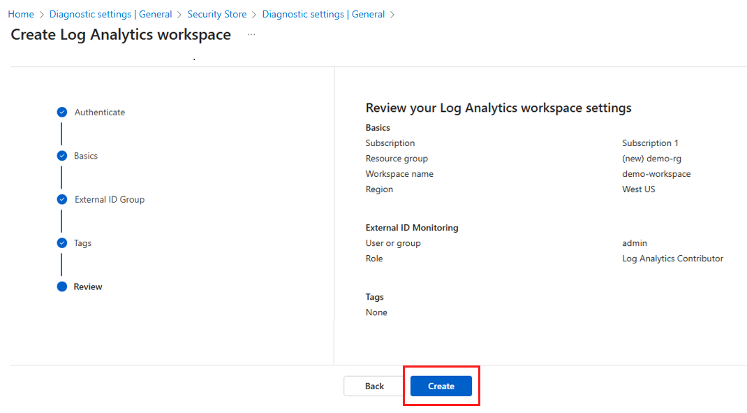 Screenshot, der zeigt, wie Sie Ihren Log Analytics-Arbeitsbereich überprüfen und erstellen.