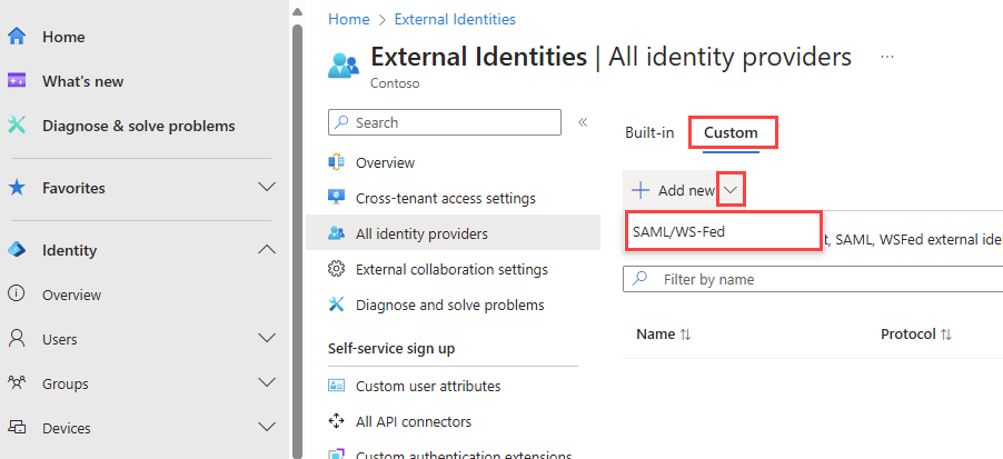 Screenshot der Schaltfläche zum Hinzufügen eines neuen SAML- oder WS-Verbund-Identitätsanbieters.