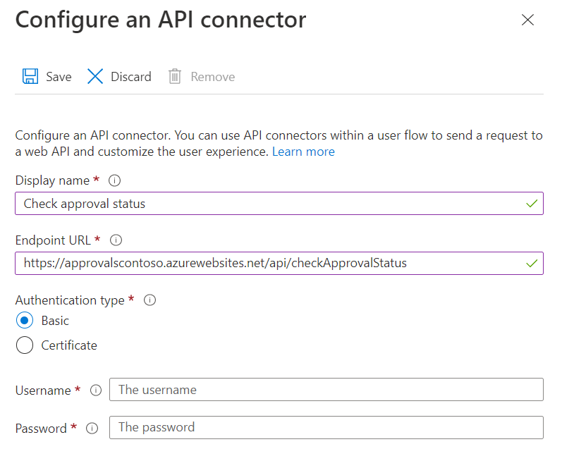 Screenshot der Konfiguration der API-Connector-Funktion zum Überprüfen des Genehmigungsstatus.