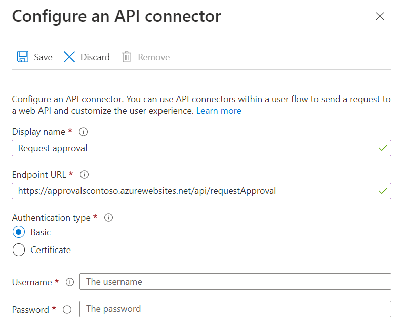 Screenshot der Konfiguration des Anforderungsgenehmigungs-API-Connectors.